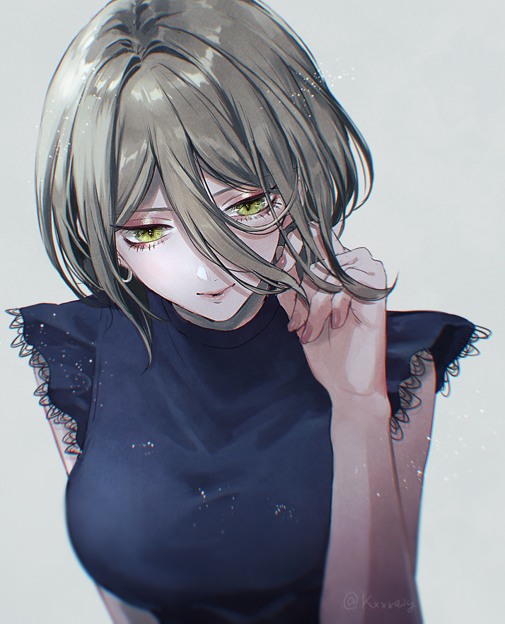 1girl bangs blue_shirt dangan_ronpa earrings floating_hair green_eyes grey_background hair_between_eyes hair_intakes jewelry new_dangan_ronpa_v3 sakuyu shirt short_hair silver_hair simple_background sleeveless sleeveless_shirt solo toujou_kirumi twitter_username upper_body