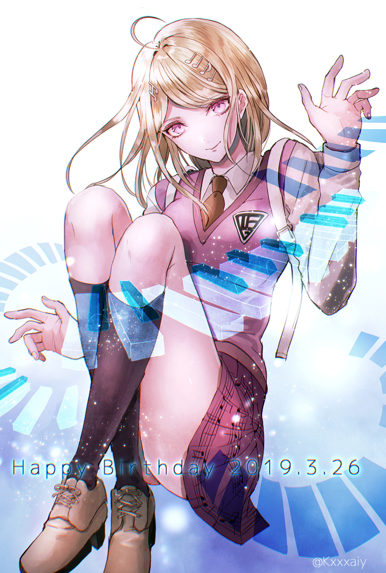 1girl 2019 ahoge akamatsu_kaede bangs black_legwear blonde_hair breasts brown_footwear brown_neckwear closed_mouth collared_shirt dangan_ronpa floating_hair hair_intakes happy_birthday kneehighs long_hair long_sleeves looking_at_viewer medium_breasts miniskirt musical_note_hair_ornament new_dangan_ronpa_v3 parted_bangs pink_eyes pink_sweater pleated_skirt print_skirt purple_skirt sakuyu school_uniform shiny shiny_hair shirt skirt smile solo sweater sweater_vest white_background white_shirt wing_collar