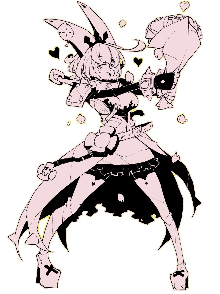 1girl ahoge bangs belt blush bouquet breasts chain dowman_sayman dress elphelt_valentine eyebrows_visible_through_hair fingerless_gloves flower frills gloves guilty_gear guilty_gear_xrd hairband heart heart-shaped_pupils highres holding holding_bouquet large_breasts monochrome open_mouth petals saliva short_hair solo spikes standing symbol-shaped_pupils