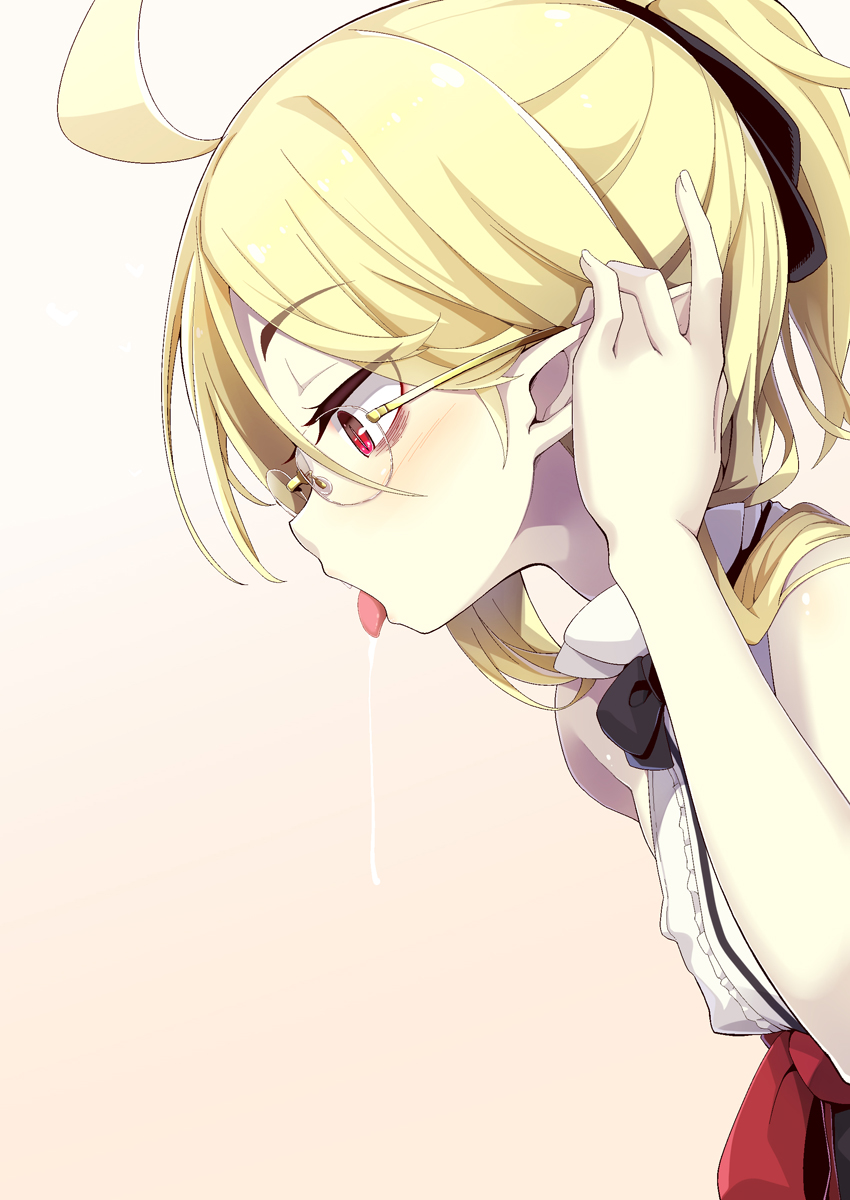 1girl ahoge bangs bare_arms bare_shoulders black_bow blonde_hair bow brown_background commentary_request eyebrows_visible_through_hair from_side glasses hair_between_eyes hair_bow hair_tucking hand_up highres ogami_kazuki original pointy_ears ponytail profile red_bow red_eyes saliva saliva_trail shirt sleeveless sleeveless_shirt solo tongue tongue_out upper_body vampire white_shirt