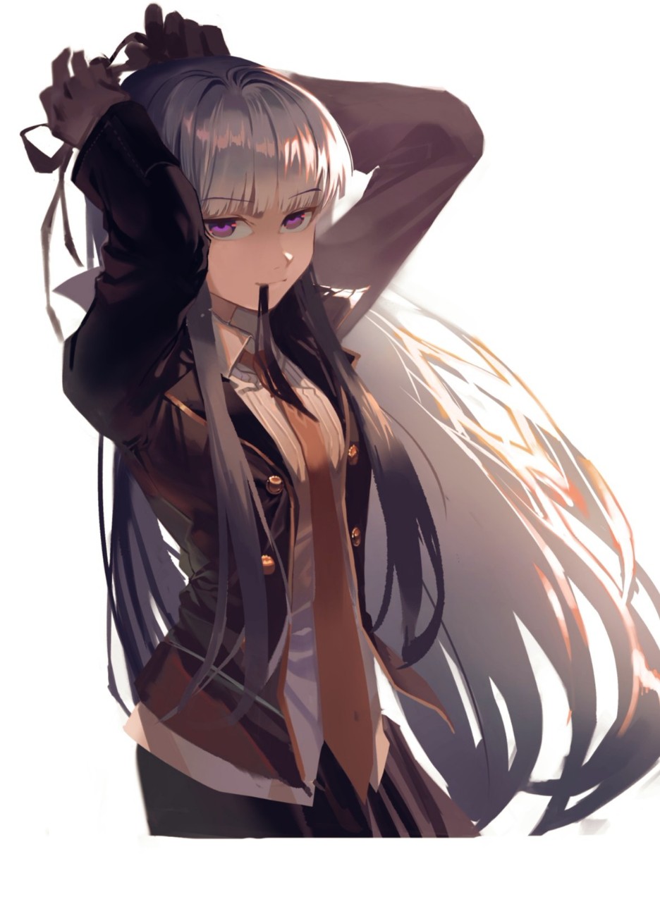 1girl arms_up b_zhan_cm_yang bangs black_gloves black_jacket blunt_bangs braid breasts closed_mouth collared_shirt commentary_request dangan_ronpa dangan_ronpa_1 eyebrows_visible_through_hair gloves hair_ribbon highres jacket kirigiri_kyouko long_hair long_sleeves looking_at_viewer mouth_hold necktie open_clothes open_jacket purple_hair red_neckwear ribbon shirt simple_background skirt smile solo striped striped_shirt tying_hair violet_eyes white_background white_shirt