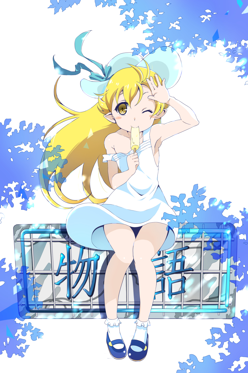 1girl blonde_hair blush_stickers dress food frilled_legwear frills hat highres long_hair mary_janes monogatari_(series) msmrdaaaaa one_eye_closed oshino_shinobu pointy_ears popsicle shoes skirt skirt_lift strap_slip sun_hat white_dress wind yellow_eyes