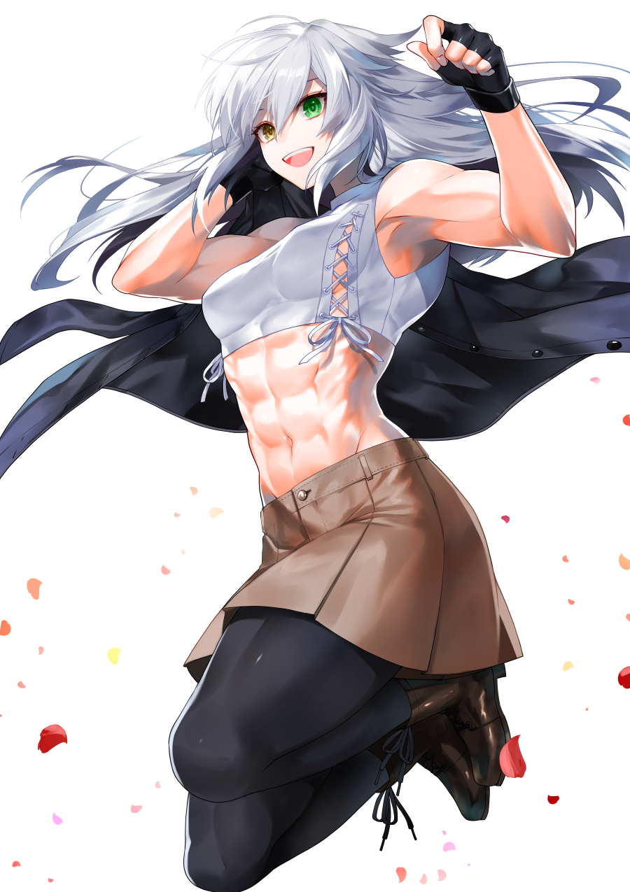 1girl abs bare_shoulders boots breasts commentary_request dodome_ichika fingerless_gloves full_body gloves green_eyes hair_between_eyes heterochromia highres long_hair looking_at_viewer medium_breasts muscle muscular_female navel open_mouth original pantyhose simple_background skirt sleeveless solo teeth tongue waka_(shark_waka) white_background white_hair yellow_eyes