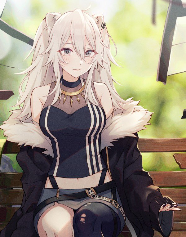 1girl ahoge animal_ears bare_shoulders black_nails blush breasts earrings eyebrows_visible_through_hair feet_out_of_frame fur-trimmed_jacket fur_trim grey_eyes grey_hair hair_between_eyes hololive jacket jewelry large_breasts lion_ears lion_girl lion_tail long_hair looking_at_viewer midriff necklace off_shoulder official_art shirt shishiro_botan single_leg_pantyhose sitting skirt sleeveless sleeveless_shirt solo tail tomari_(veryberry00) virtual_youtuber