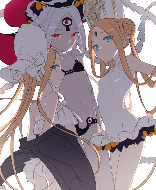 3girls abigail_williams_(fate/grand_order) abigail_williams_(swimsuit_foreigner)_(fate) ass backlighting bangs bare_shoulders bikini black_bikini black_bow black_jacket blonde_hair blue_eyes bonnet bow braid braided_bun breasts collarbone double_bun dress_swimsuit fate/grand_order fate_(series) feb_itk forehead hair_bow hair_rings jacket keyhole long_hair looking_at_viewer miniskirt mitre multiple_bows multiple_girls multiple_persona navel off_shoulder open_clothes open_jacket orange_bow parted_bangs red_eyes sidelocks simple_background skirt small_breasts swimsuit thighs third_eye twin_braids twintails very_long_hair white_background white_bikini white_bow white_hair white_headwear white_skin white_swimsuit