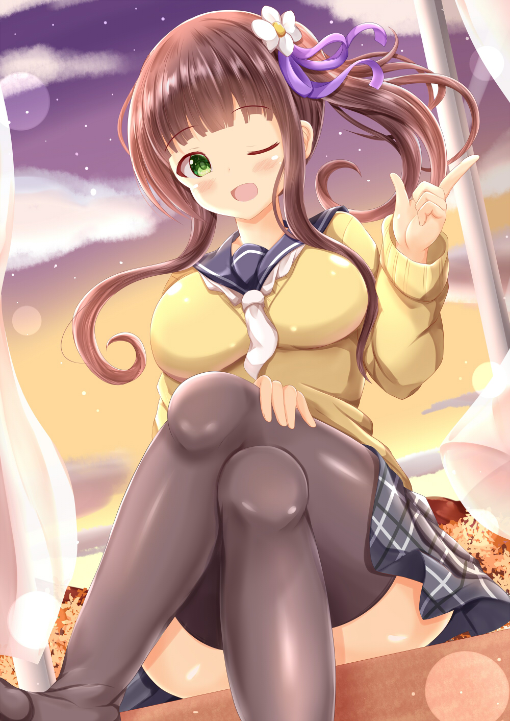 1girl ;d bangs black_sailor_collar blush breasts brown_hair commentary_request crossed_legs curtains eyebrows_visible_through_hair feet_out_of_frame flower gochuumon_wa_usagi_desu_ka? green_eyes grey_legwear grey_skirt hair_flower hair_ornament hair_ribbon highres large_breasts long_hair looking_at_viewer one_eye_closed open_mouth open_window pleated_skirt purple_ribbon ribbon sailor_collar side_ponytail sidelocks sitting sitting_in_window skirt smile solo sunset sweater thigh-highs ujimatsu_chiya white_flower white_neckwear window yellow_sweater zenon_(for_achieve)