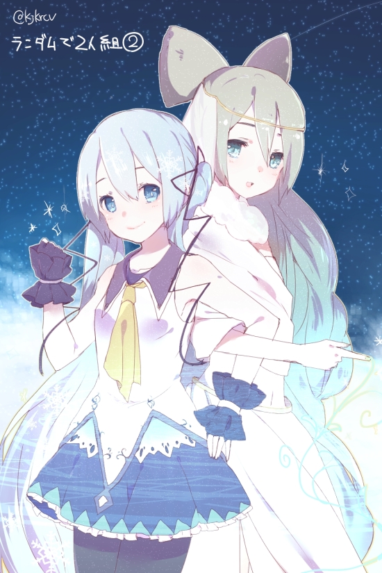 2girls aqua_eyes bare_shoulders blue_eyes blue_skirt circlet clenched_hand collar collared_shirt cowboy_shot dual_persona fingerless_gloves fur-trimmed_shirt fur_trim gloves green_hair hair_ribbon hand_up hatsune_miku holy_goddess_(module) index_finger_raised lady-ichiko legwear_under_shorts light_blue_hair locked_arms long_hair looking_at_viewer midriff multiple_girls navel necktie night night_sky open_mouth pantyhose project_diva_(series) purple_collar purple_gloves ribbon shirt shorts skirt sky sleeveless sleeveless_shirt smile standing star_(sky) starry_sky twintails twitter_username very_long_hair vocaloid white_shirt white_skirt yellow_neckwear yuki_miku yuki_miku_(2014)