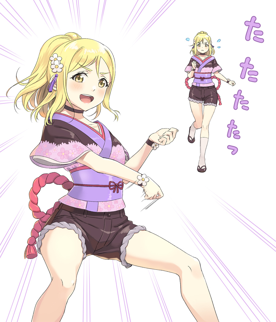 1girl air_guitar black_choker black_shorts blonde_hair choker commentary_request determined eyelashes flower hair_flower hair_ornament japanese_clothes kanzashi kimono long_hair looking_at_viewer love_live! love_live!_sunshine!! multiple_views my_mai_tonight nib_pen_(medium) obi obijime ohara_mari oitsuki_(getsumen_diver) ponytail sash short_hair short_kimono short_shorts short_sleeves shorts solo traditional_media v-shaped_eyebrows wristband yellow_eyes