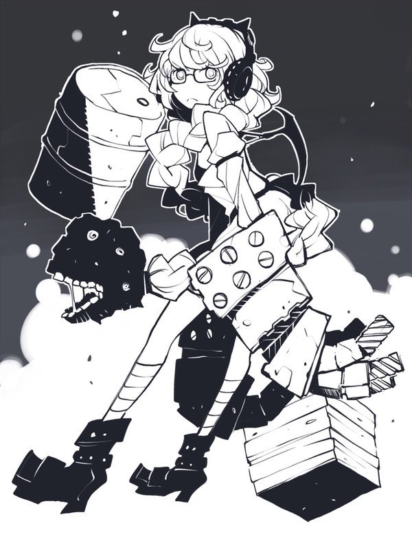 1girl :&lt; bandaged_leg bandages bangs boots braid closed_mouth crate dowman_sayman drum_(container) glasses greyscale headphones kantai_collection long_hair monochrome power_fist saliva shinkaisei-kan single_braid solo supply_depot_hime teeth very_long_hair