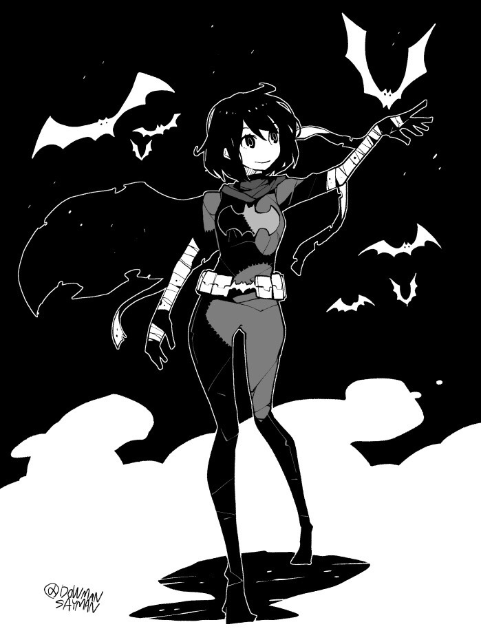 1girl animal animal_print artist_name bandaged_arm bandages bat bat_print bat_wings batgirl belt belt_pouch black_background bodysuit boots cape cassandra_cain closed_mouth dc_comics dowman_sayman gloves greyscale monochrome pocket pouch short_hair signature simple_background smile solo superhero walking wings