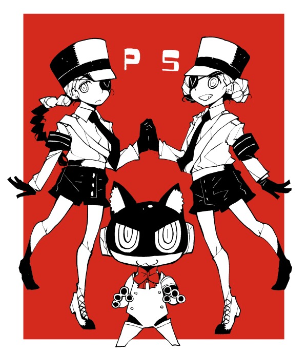 2girls aegis_(persona) aegis_(persona)_(cosplay) animal armband bangs braid caroline_(persona_5) cat closed_mouth cosplay double_bun dowman_sayman eyepatch gloves greyscale grin hat justine_(persona_5) kneehighs long_hair monochrome morgana_(persona_5) multiple_girls necktie persona persona_5 shorts siblings simple_background smile spot_color