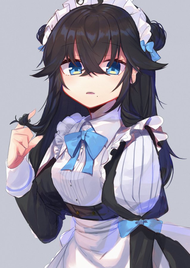 1girl apron bangs black_hair black_skirt blue_bow blue_eyes bow breasts collared_shirt daifukumochi_(akaaokiiwo) double_bun eyebrows_visible_through_hair grey_background hair_between_eyes hair_bow hair_tousle hand_up izumo_kasumi_(nijisanji) juliet_sleeves long_hair long_sleeves looking_at_viewer maid maid_headdress mole mole_under_mouth nijisanji parted_lips puffy_sleeves shirt simple_background skirt small_breasts solo very_long_hair virtual_youtuber waist_apron white_apron white_shirt