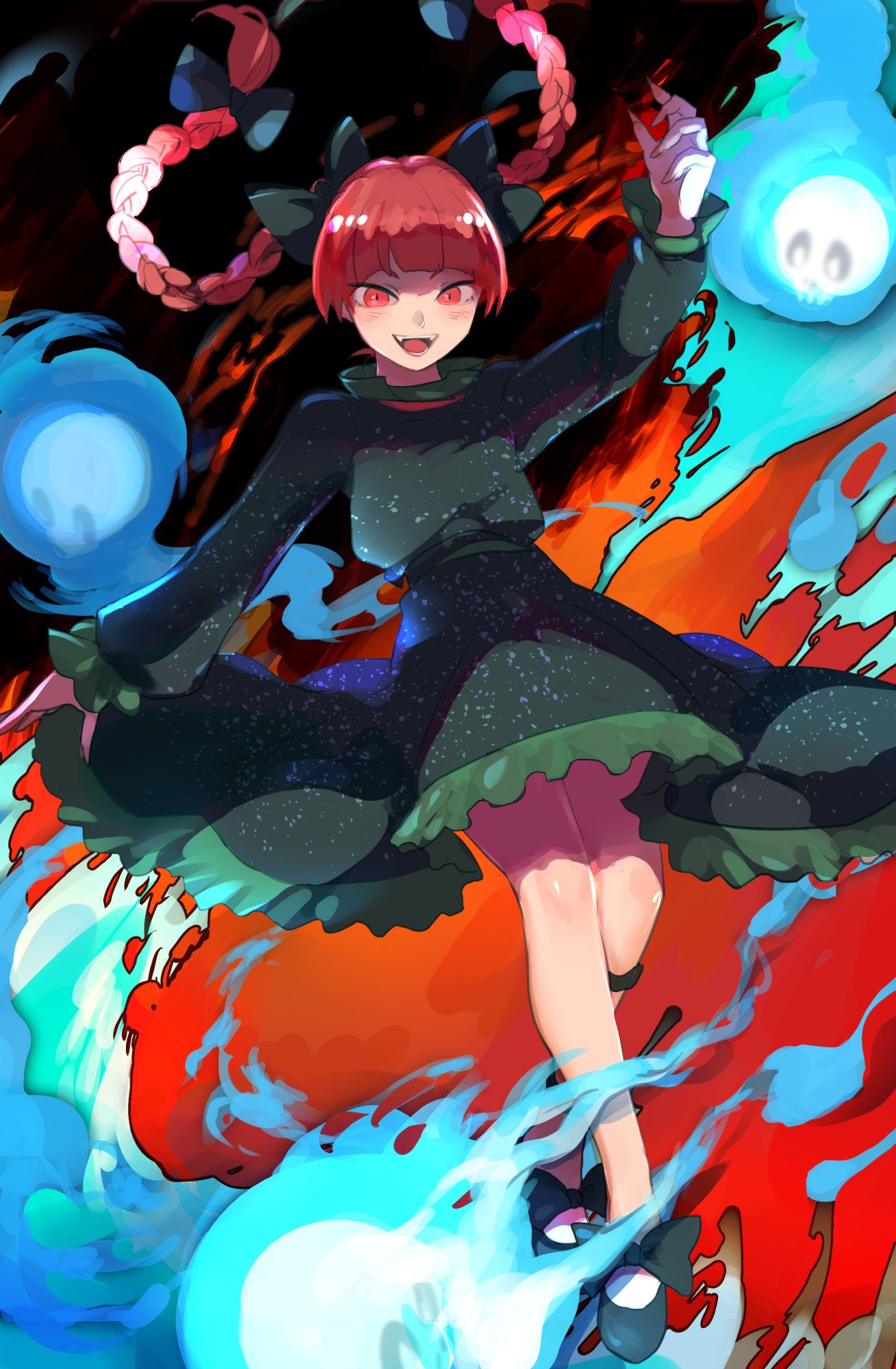 1girl :d bangs black_bow black_footwear black_ribbon blue_fire blunt_bangs blush bow braid commentary dress evil_smile fangs fingernails fire floating_hair frilled_dress frilled_sleeves frills full_body ghost green_dress hair_bow hair_up highres hitodama joniko1110 kaenbyou_rin leg_ribbon long_hair long_sleeves open_mouth red_eyes red_fire redhead ribbon sharp_fingernails shoe_bow shoes skull smile solo touhou twin_braids v-shaped_eyebrows very_long_fingernails