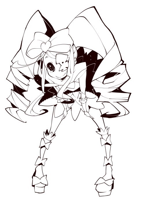 1girl bent_over boots bow dowman_sayman dress drill_hair eyepatch greyscale hair_bow harime_nui heart kill_la_kill long_hair monochrome sidelocks smile solo thigh-highs thigh_boots twin_drills twintails