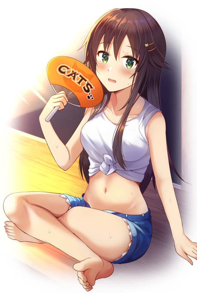 1girl arm_support bare_legs blush brown_hair collarbone denim denim_shorts fan feet green_eyes hair_ornament hairclip himekawa_yuki idolmaster idolmaster_cinderella_girls indian_style long_hair navel paper_fan shirt shorts sitting soles solo sweat tank_top tied_shirt z.nov