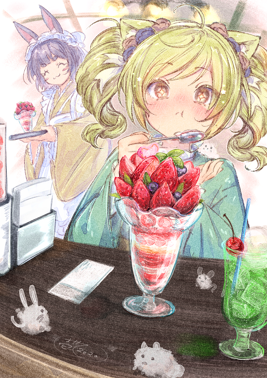 +_+ 2girls :3 :t ^_^ ahoge animal_ear_fluff animal_ears apron bangs blonde_hair blue_flower blush blush_stickers brown_eyes brown_flower closed_eyes closed_mouth commentary cup drinking_glass drinking_straw eating eyebrows_visible_through_hair flower frilled_apron frills green_kimono hair_flower hair_ornament hands_up highres holding holding_spoon holding_tray indoors ittokyu japanese_clothes kimono long_sleeves maid_apron multiple_girls nose_blush original parfait purple_hair short_eyebrows signature spoon standing symbol_commentary thick_eyebrows tray twintails wa_maid white_apron wide_sleeves yellow_kimono