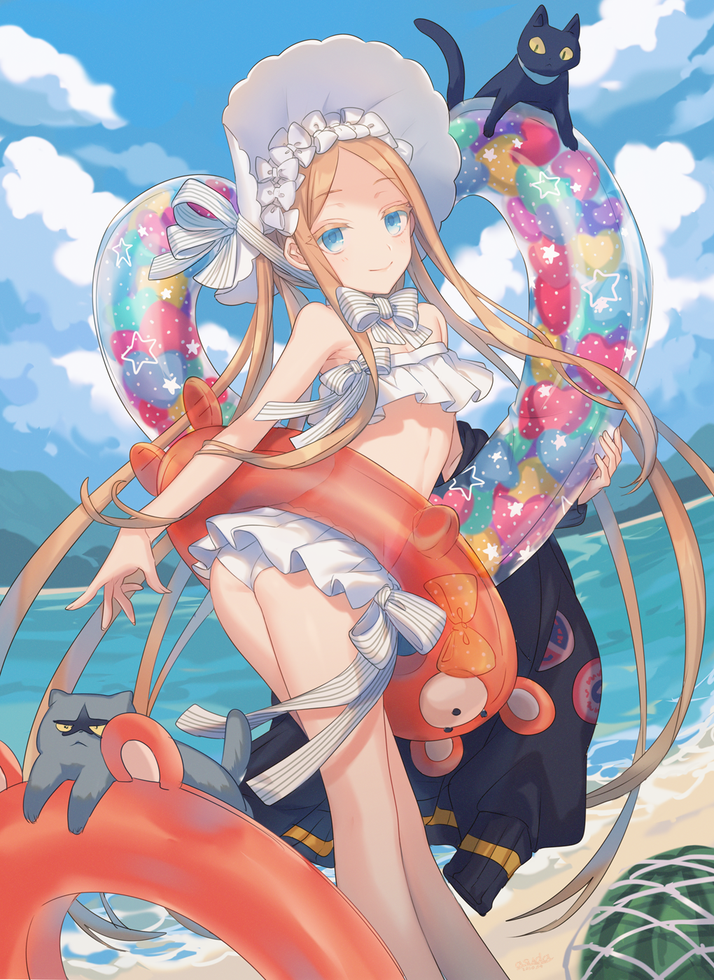 1girl abigail_williams_(fate/grand_order) abigail_williams_(swimsuit_foreigner)_(fate) ass asuda bangs bare_shoulders beach bikini black_cat black_jacket blonde_hair blue_eyes blue_sky bonnet bow breasts cat closed_mouth fate/grand_order fate_(series) food forehead fruit hair_bow highres innertube jacket jacket_removed long_hair looking_at_viewer miniskirt navel parted_bangs shore sidelocks skirt sky small_breasts smile swimsuit thighs twintails very_long_hair watermelon white_bikini white_bow white_headwear