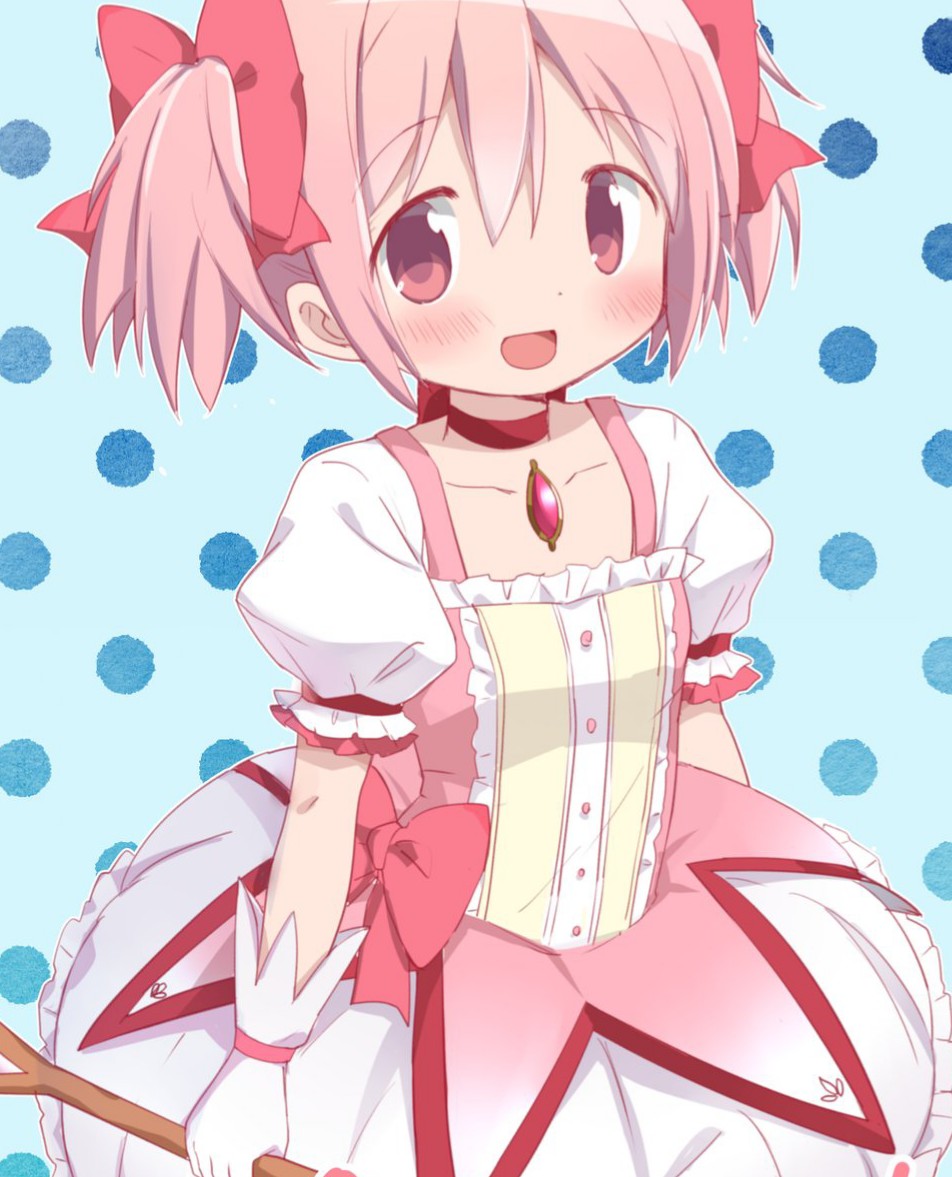 1girl :d aqua_background arms_at_sides blush bubble_skirt choker close-up collarbone dot_nose flat_chest frilled_skirt frilled_sleeves frills gloves hair_between_eyes hair_ribbon happy holding holding_weapon kaname_madoka looking_at_viewer mahou_shoujo_madoka_magica open_mouth outline pink_eyes pink_hair pink_ribbon polka_dot polka_dot_background puffy_short_sleeves puffy_sleeves red_choker red_neckwear ribbon shiny shiny_hair short_sleeves short_twintails simple_background skirt smile solo soul_gem tsubaki_(tatajd) twintails upper_body weapon white_gloves white_outline white_skirt