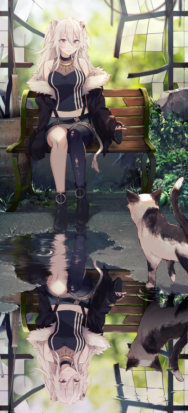 1girl ahoge animal_ears bare_shoulders black_nails blush boots breasts cat earrings eyebrows_visible_through_hair full_body fur-trimmed_jacket fur_trim grey_eyes grey_hair hair_between_eyes highres hololive jacket jewelry large_breasts lion_ears lion_girl lion_tail long_hair looking_at_viewer midriff necklace off_shoulder official_art reflection shirt shishiro_botan single_leg_pantyhose sitting skirt sleeveless sleeveless_shirt solo tail tomari_(veryberry00) virtual_youtuber
