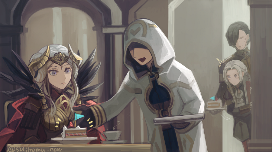 1boy 1other 2girls armor black_hair cake closed_eyes closed_mouth cup edelgard_von_hresvelg fake_horns fire_emblem fire_emblem:_three_houses fire_emblem_heroes flag food garreg_mach_monastery_uniform gloves hair_over_one_eye hair_ribbon headpiece holding hood hood_up horns hubert_von_vestra kiran_(fire_emblem) long_hair long_sleeves multiple_girls open_mouth ribbon short_hair sitting suikomu_now table teacup twitter_username uniform violet_eyes white_hair