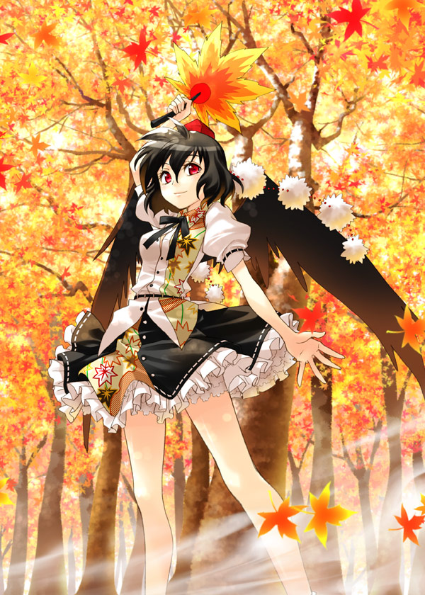 black_hair black_wings fan hat leaf leaves legs red_eyes sato-pon shameimaru_aya short_hair smile solo tokin_hat touhou tree wings