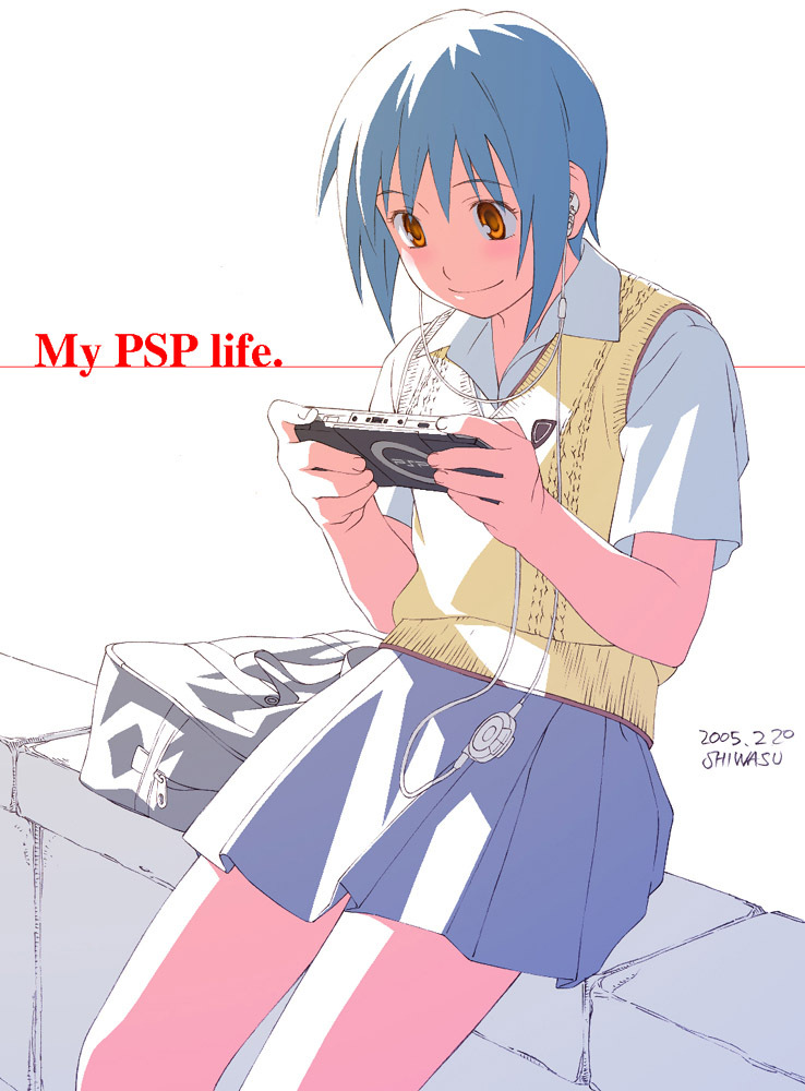 blue_hair girls_playing_games playing_games playstation_portable psp school_uniform shiwasu_takashi video_game