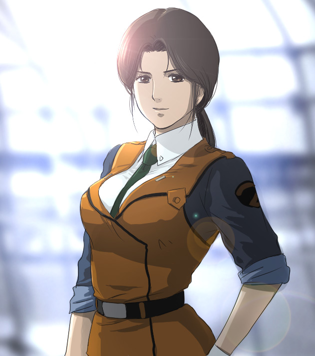 brown_eyes brown_hair kidou_keisatsu_patlabor nagumo_shinobu necktie patlabor police ponytail sleeves_rolled_up uniform vest