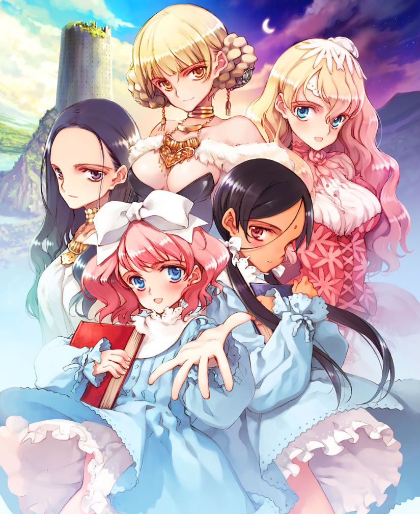 :d aria_(littlewitch) aria_vancleef bare_shoulders black_hair blonde_hair blue_eyes blush book bow breasts cleavage cloud crescent_moon cross crossed_arms dark_skin double_bun dress everyone facial_mark fianna_(littlewitch) fianna_mellowa flat_chest flower forehead_mark fur_trim grass hair_bow hair_ornament heart jewelry kaya_(littlewitch) kaya_xavier large_breasts littlewitch_romanesque lolita_fashion long_hair moon mountain multiple_girls necklace night night_sky no_bra off_shoulder official_art olga_klose olivia_(little_witch_romanesque) olivia_(littlewitch) ooyari_ashito open_mouth orga_(littlewitch) outstretched_arm outstretched_hand oyari_ashito pink_eyes pink_hair profile purple_eyes reaching rose short_hair shoujo_mahou_gaku_little_witch_romanesque sideboob sky smile tower turtleneck twintails water wavy_hair wind_lift yellow_eyes
