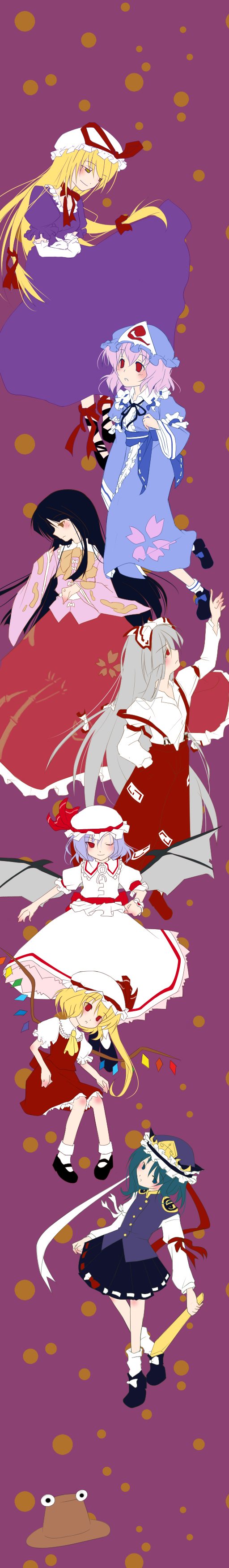 bat_wings black_hair blonde_hair blue_hair brown_eyes elbow_gloves flandre_scarlet fujiwara_no_mokou gloves green_eyes green_hair hair_ribbon hair_ribbons hat highres houraisan_kaguya parody pink_hair pyonta red_eyes remilia_scarlet ribbon ribbons rod_of_remorse rozen_maiden saigyouji_yuyuko shikieiki_yamaxanadu silver_hair suspenders touhou wings wink yakumo_yukari yellow_eyes