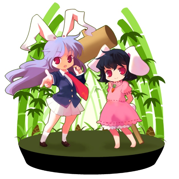 :3 animal_ears bad_id bamboo bamboo_forest barefoot black_hair bunny_ears chaba_(hortensia) chibi forest hammer inaba_tewi long_hair multiple_girls nature necktie purple_hair rabbit_ears red_eyes reisen_udongein_inaba short_hair touhou