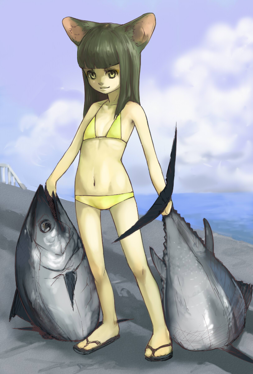 bad_id bikini black_hair cat_ears deri fish highres sandals swimsuit yellow_eyes