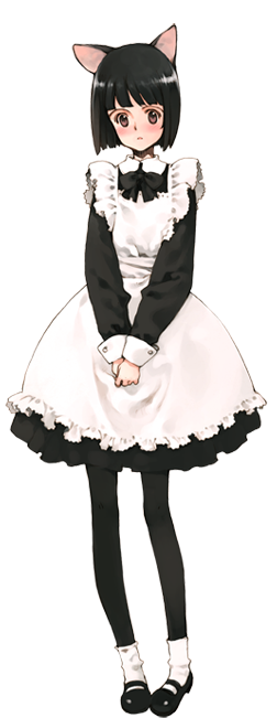 :o apron bangs black_hair blunt_bangs blush bob_cut bow bowtie cat_ears dress embarrassed flat_chest littlewitch_romanesque maid mary_janes official_art ooyari_ashito open_mouth oyari_ashito pantyhose pink_eyes shoes short_dress short_hair shoujo_mahou_gaku_little_witch_romanesque socks solo standing teie_(littlewitch) tillet transparent_background transparent_png wrist_cuffs