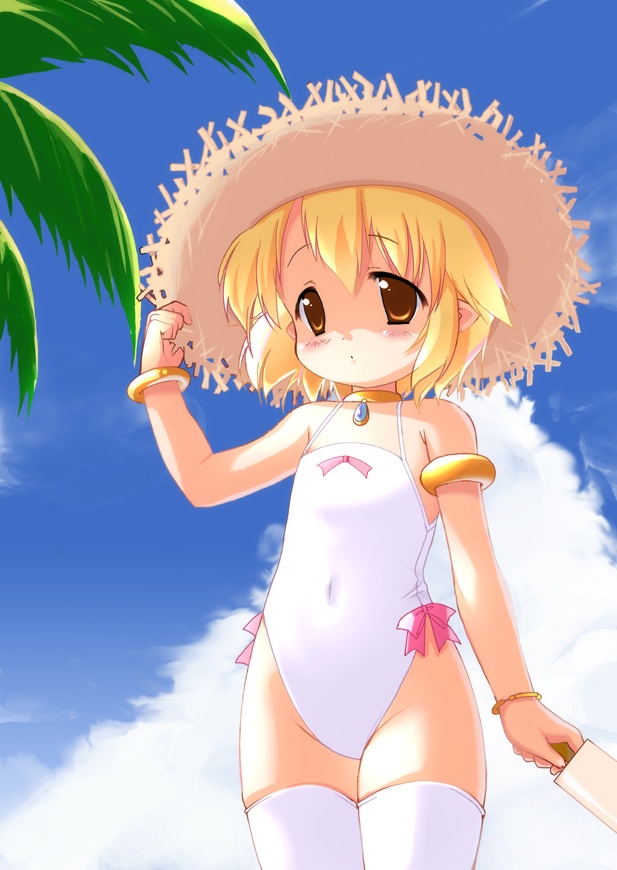 fhara flat_chest hat kanitama one-piece_swimsuit palm_tree palm_trees short_hair swimsuit thigh-highs thighhighs tree