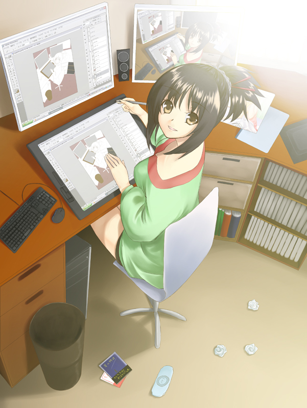 black_hair computer computer_keyboard computer_mouse drawing from_above keyboard looking_up mouse photoshop playstation_portable ponytail psp recursion short_hair speaker speakers tablet wacom yellow_eyes yukimi_dango