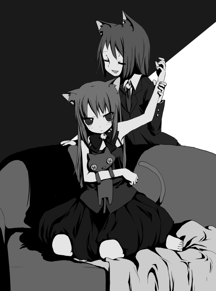 angry animal_ears bad_id bell button_eyes cat_ears cat_tail cat_tails closed_eyes couch doll_hug high_contrast kneeling long_hair monochrome multiple_girls namori original sitting stuffed_animal stuffed_toy tail