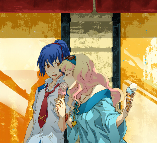 1girl black_hair blonde_hair blue_hair brown_hair couple hands hold holding long_hair macross macross_frontier mhr pocky ponytail saotome_alto school_uniform sheryl_nome short_hair socks violet_eyes