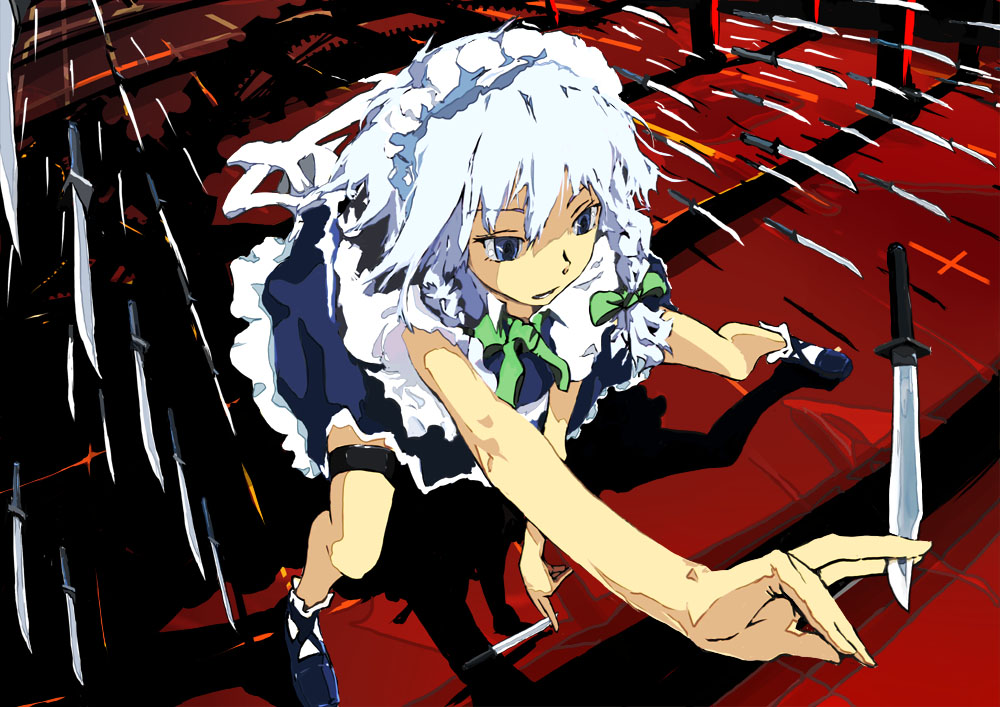 blue_eyes braid foreshortening hands izayoi_sakuya keisan knife maid ribbon ribbons short_hair touhou twin_braids twintails white_hair