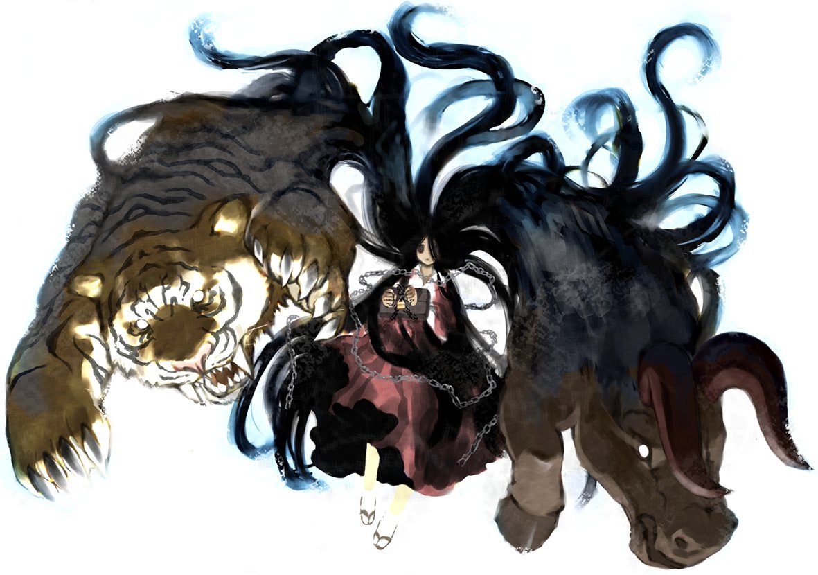 black_hair brown_eyes bull chain chains cuffs fangs horns japanese_clothes long_hair shackles shiden tiger very_long_hair