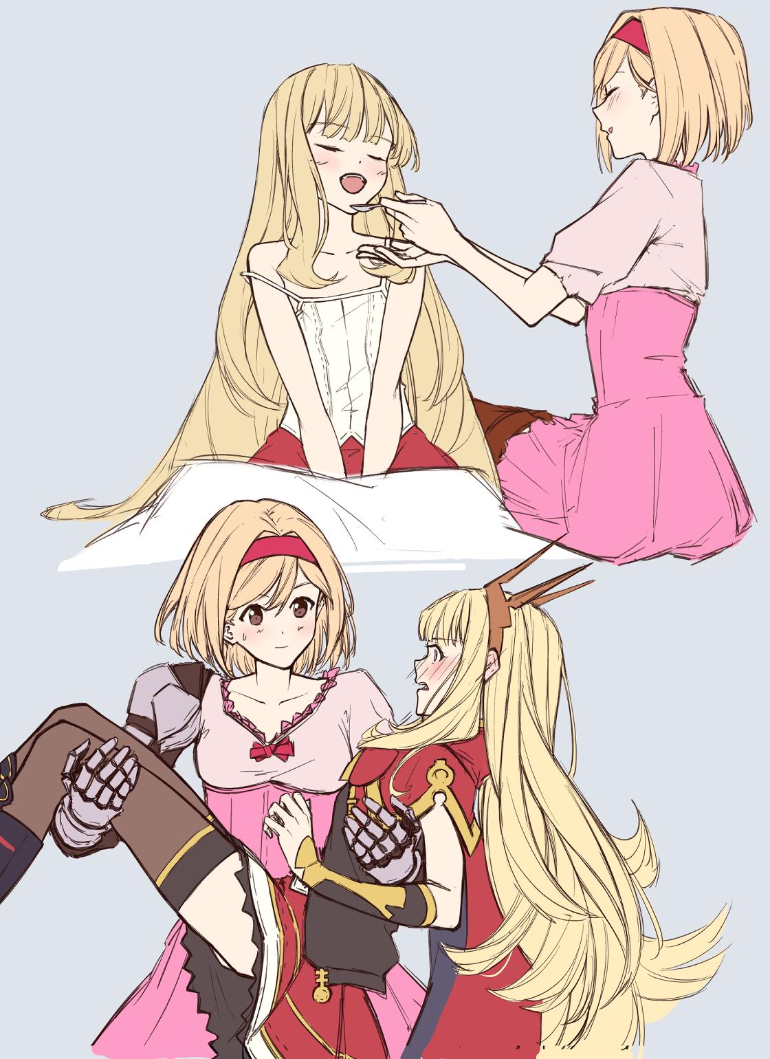 2girls blonde_hair blush cagliostro_(granblue_fantasy) closed_eyes collarbone commentary_request djeeta_(granblue_fantasy) facing_another feeding gauntlets granblue_fantasy grey_background hairband highres holding holding_spoon long_hair looking_at_another multiple_girls red_hairband smile soruna_(nell) spoon very_long_hair yuri