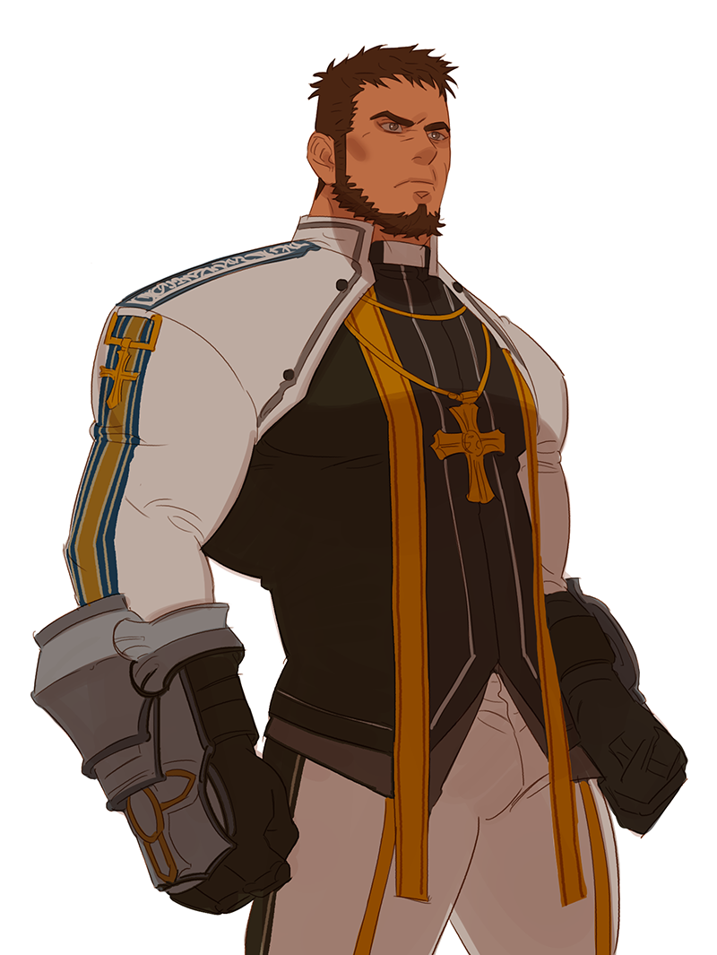 1boy bara brown_hair bulge chest cowboy_shot cross cross_necklace dungeon_and_fighter facial_hair gauntlets gimseonghoe jewelry male_focus male_priest_(dungeon_and_fighter) muscle necklace priest shrug_(clothing) solo thighs tight toned toned_male