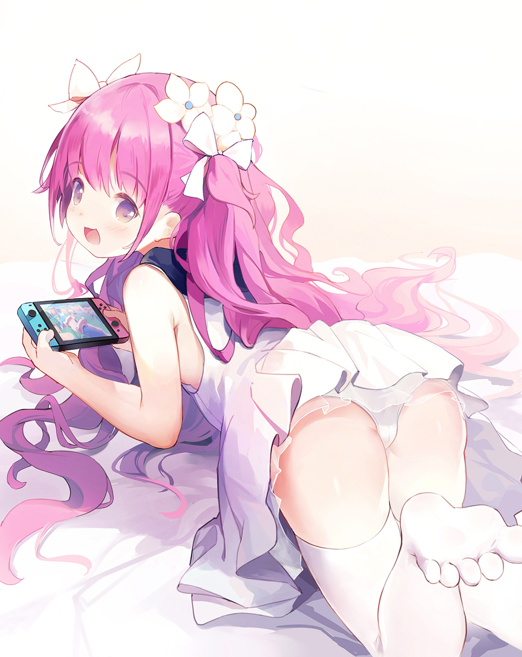 1girl :d ass bangs bare_arms bare_shoulders bed_sheet black_sailor_collar blush bow brown_eyes commentary dress eyebrows_visible_through_hair flower hair_bow hair_flower hair_ornament highres holding katou_umi leg_up leilin long_hair looking_at_viewer looking_back lying nintendo_switch no_shoes on_stomach open_mouth panties pleated_dress purple_hair sailor_collar sailor_dress sleeveless sleeveless_dress smile soles solo summer_pockets thigh-highs two_side_up underwear very_long_hair white_bow white_dress white_flower white_legwear white_panties