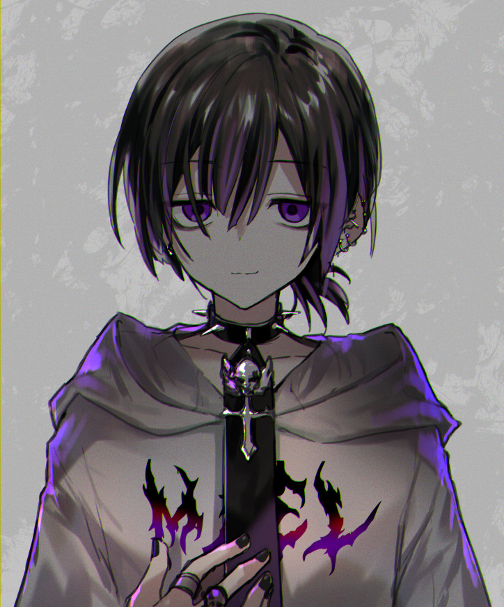 1boy bishounen black_collar black_hair black_nails black_neckwear closed_mouth collar collarbone cross ear_piercing earrings eyebrows_visible_through_hair eyes_visible_through_hair fingernails grey_background grey_hoodie hair_between_eyes hayama_eishi hood hood_down hoodie jewelry male_focus multicolored multicolored_hair necktie original piercing ponytail purple_hair ring skull skull_ring smile solo spiked_collar spikes upper_body violet_eyes