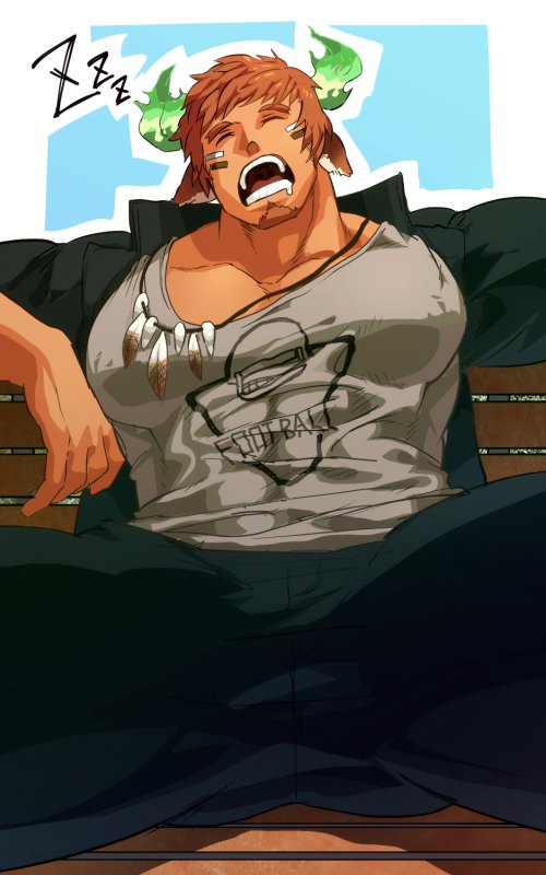 1boy alternate_costume animal_ears bara brown_hair chest covered_abs covered_nipples cowboy_shot darlton facial_hair forked_eyebrows from_below glowing_horns goatee horns jewelry male_focus manly muscle necklace pectorals short_hair sideburns sleeping solo thick_eyebrows thick_thighs thighs tokyo_houkago_summoners wakan_tanka zzz