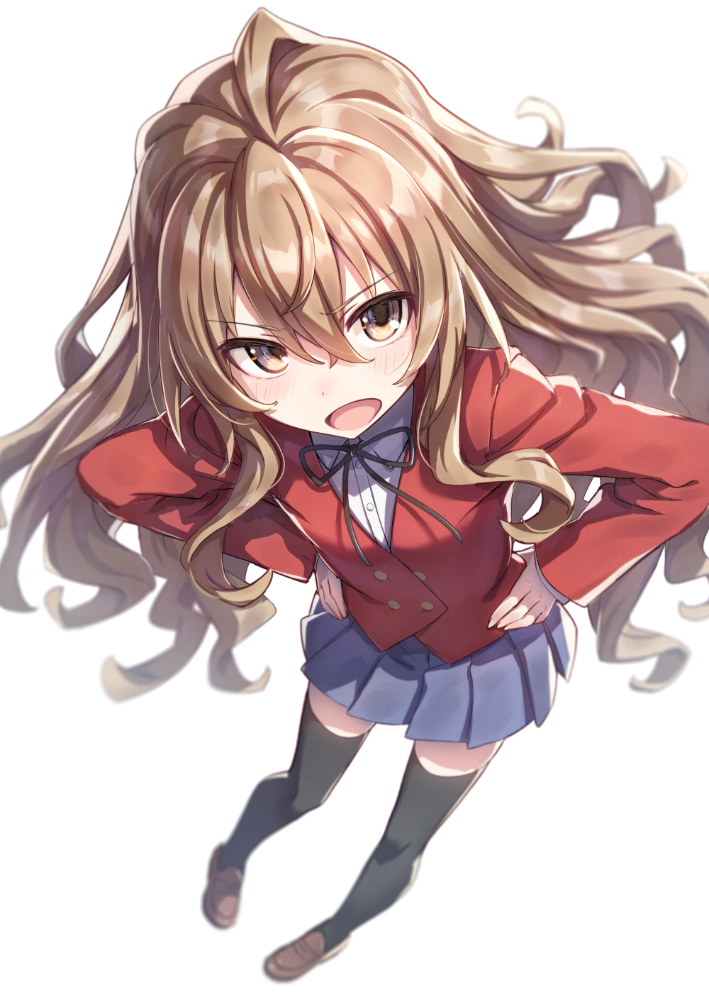 1girl aisaka_taiga black_legwear blush brown_eyes brown_hair collarbone from_above full_body hair_between_eyes hands_on_hips highres liebe long_hair looking_at_viewer oohashi_high_school_uniform school_uniform skirt solo standing thigh-highs toradora!