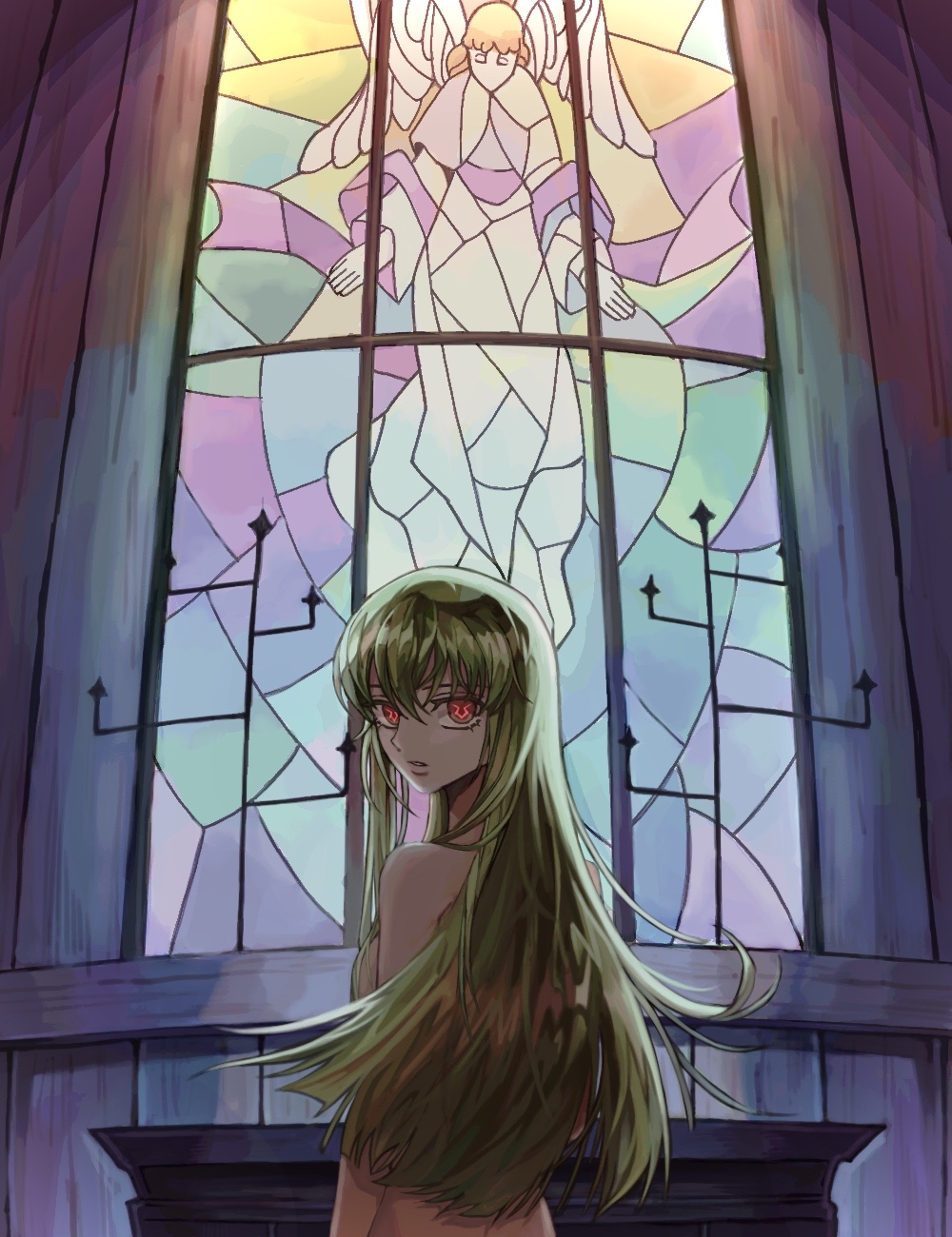 1girl bangs c.c. code_geass from_behind geass green_hair highres long_hair looking_back red_eyes solo symbol-shaped_pupils um
