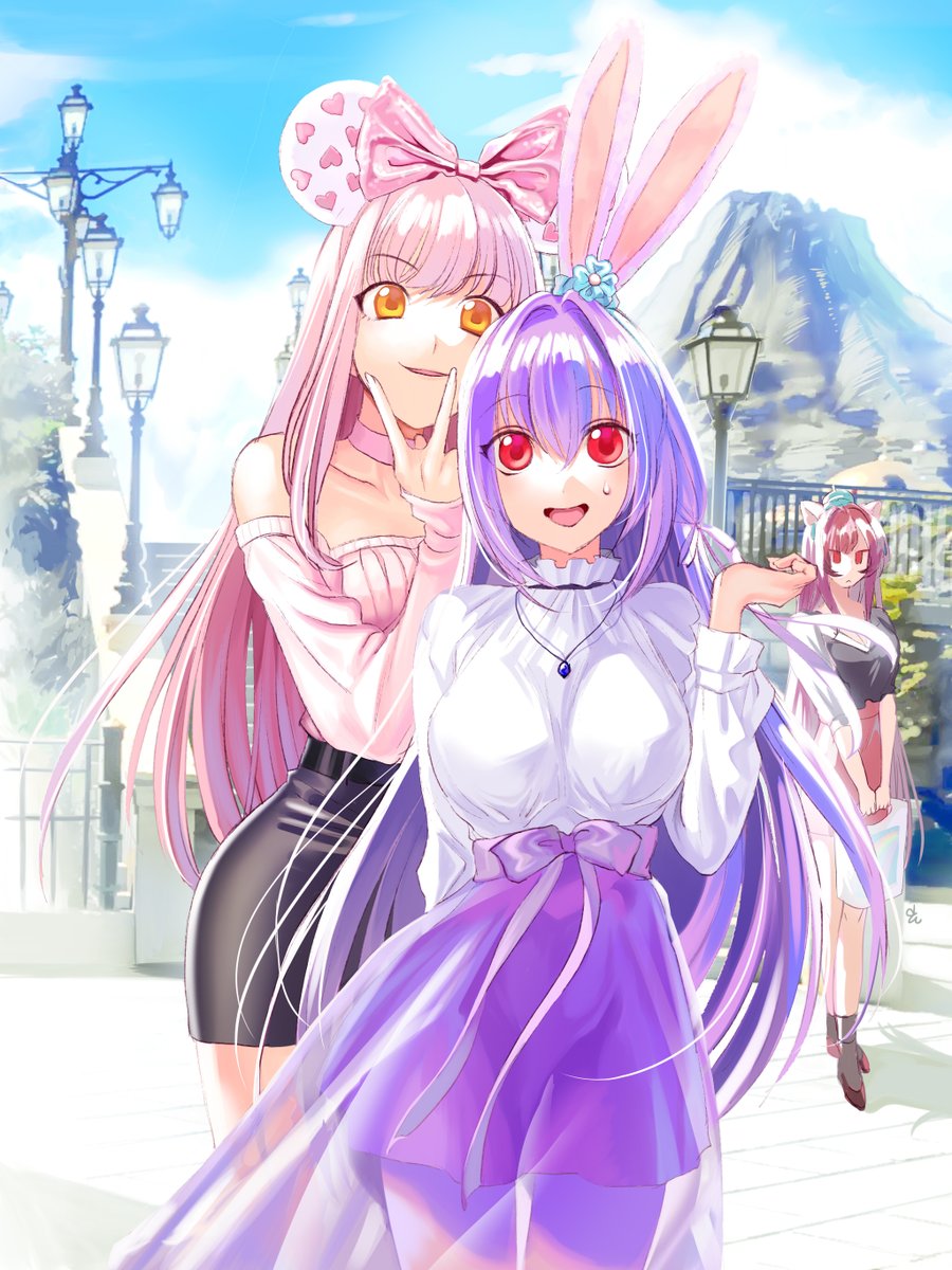 3girls alternate_costume animal_ears bag bangs black_skirt bow breasts casual cat_ears choker clouds cloudy_sky fate/grand_order fate_(series) fence frown hair_between_eyes hair_bow highres holding holding_bag jewelry lamppost large_breasts long_skirt long_sleeves looking_at_viewer medb_(fate)_(all) medb_(fate/grand_order) miniskirt mountain mouse_ears multiple_girls n_morninglight outdoors pavement pendant pink_bow pink_hair purple_hair rabbit_ears red_eyes scathach_(fate)_(all) scathach_(fate/grand_order) scathach_skadi_(fate/grand_order) see-through skirt sky smile sweater yellow_eyes
