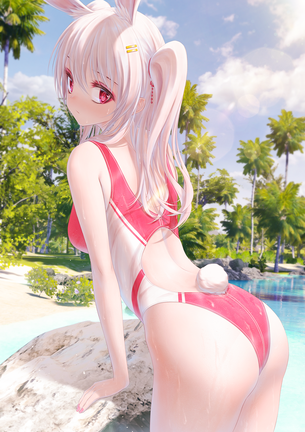 1girl animal_ears arm_support ass back_cutout bae.c bare_arms bare_shoulders beach breasts bunny_girl bunny_tail clouds competition_swimsuit day eyeshadow from_behind highleg highleg_swimsuit highres lirin_(bae.c) long_hair looking_at_viewer looking_back makeup medium_breasts one-piece_swimsuit original outdoors palm_tree rabbit_ears red_eyes sky solo standing sunlight swimsuit tail tree two-tone_swimsuit two_side_up white_hair