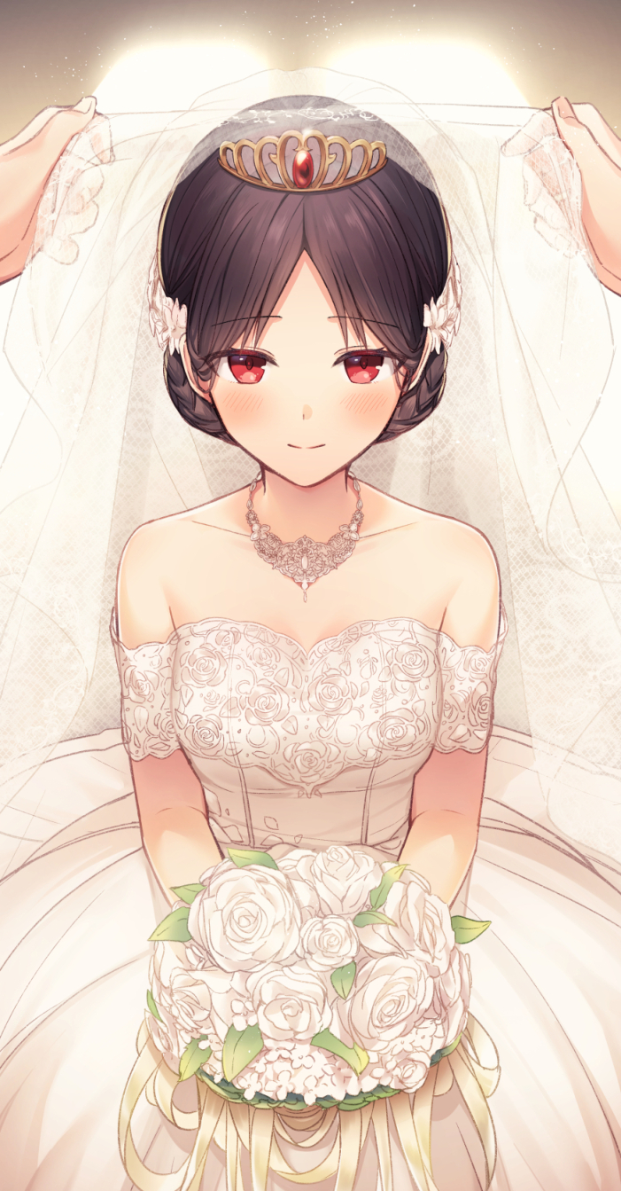 1girl bare_shoulders black_hair blush bouquet breasts bridal_veil bride closed_eyes closed_mouth collarbone commentary_request dress flower hair_ornament highres holding holding_bouquet jewelry juugonichi_(wheeliex2) kaguya-sama_wa_kokurasetai_~tensai-tachi_no_renai_zunousen~ looking_at_viewer medium_breasts pov pov_hands red_eyes rose shinomiya_kaguya short_hair smile solo_focus strapless strapless_dress tiara veil veil_lift wedding_dress white_dress white_flower white_rose