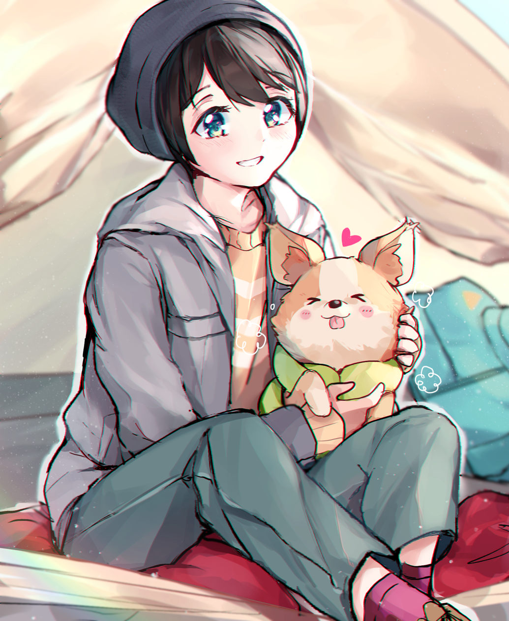 &gt;_&lt; 1girl animal backpack backpack_removed bag black_hair blue_eyes blurry blurry_background blush_stickers chihuahua chikuwa_(yurucamp) commentary dog hat highres holding holding_animal holding_dog jacket looking_at_viewer ringosutta saitou_ena sitting smile tongue tongue_out yurucamp