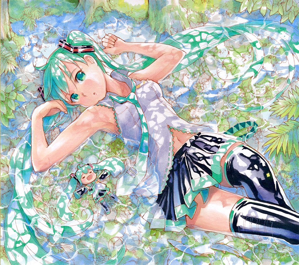 2girls :o =_= ahoge animal aqua_eyes aqua_hair armpits bare_arms bare_shoulders black_footwear black_legwear blush boots breasts chibi collared_shirt commentary dappled_sunlight day detached_sleeves feet_out_of_frame fish flood from_above green_eyes green_hair green_neckwear hair_ornament hair_spread_out happy hatsune_miku head_tilt headphones knee_up leaf long_hair looking_at_viewer lying mayo_riyo medium_breasts miniskirt moss multiple_girls navel necktie no_detached_sleeves on_back on_ground outstretched_arms partially_submerged pleated_skirt ribbon-trimmed_shirt shirt skirt sleeveless sleeveless_shirt smile spread_arms sunlight thigh-highs thigh_boots tree twintails under_tree very_long_hair vocaloid water zettai_ryouiki